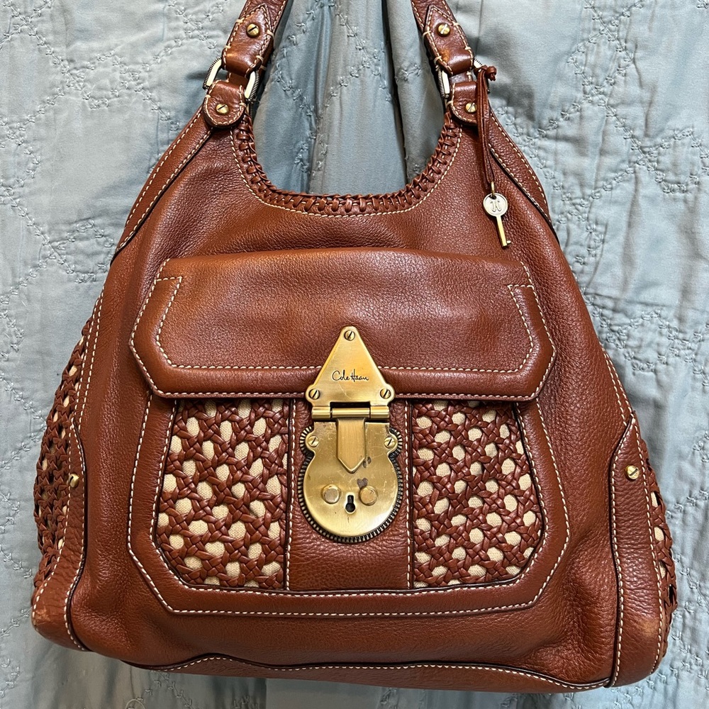 Cole Haan Paige cognac leather woven hobo.